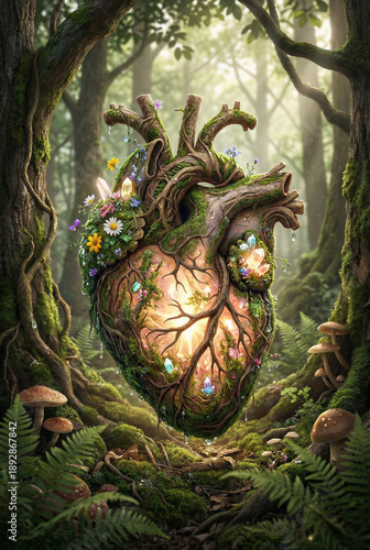 The living heart of the forest with roots, flowers and a luminous core, nature conservation