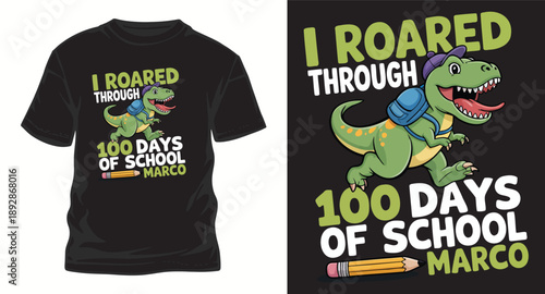 Dinosaur back to school t shirt design with cute cartoon rex wearing backpack and pencil illustration