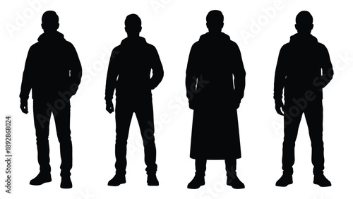 Four silhouetted figures stand in a row showcasing varying clothing styles