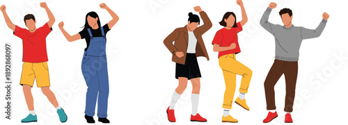 People Dancing Illustration Set Showing Men and Women Moving Energetically with Joyful Expressions for Party, Music, and Lifestyle Design Concepts
