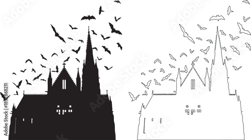 Black and white silhouette of church with flying bats
