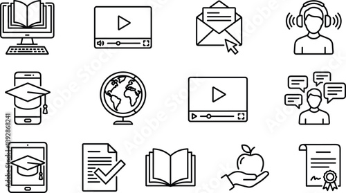 Online education and e learning line icons set featuring digital courses, video lessons, communication, certification, global learning, and knowledge sharing symbols for web and UI design