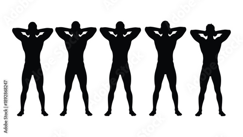Five silhouetted figures with arms raised in a symmetrical arrangement