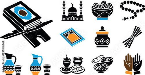 Islamic Ramadan Kareem icon set with Muslim religious symbols, traditional iftar food and prayer elements vector illustration.