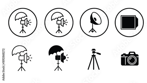 A collection of photography equipment icons on a white background