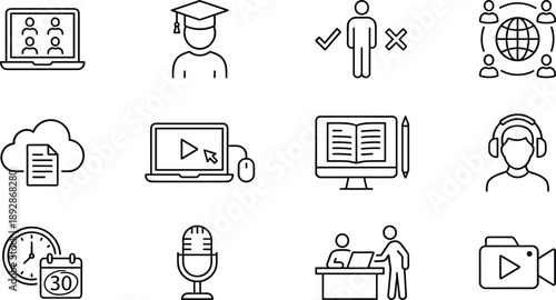Online education and e learning line icons set including virtual classroom, digital courses, webinar, certification, student support, video lessons, cloud documents, microphone and global 