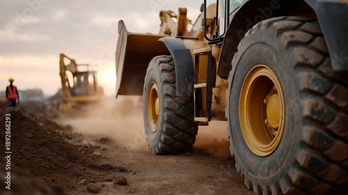 The vehicle is surrounded by dirt and dust, indicating that it is in use