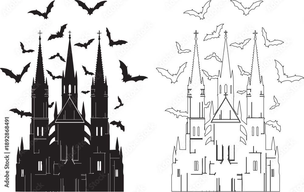Obraz premium Black and white silhouette of Gothic castle with flying bats