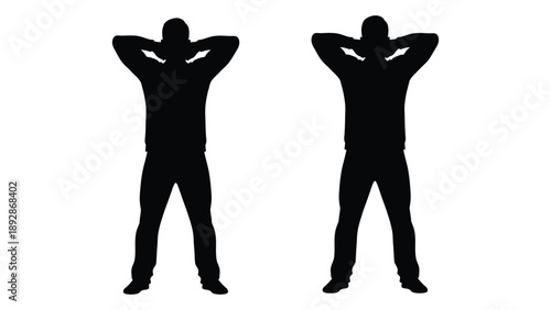 Two black silhouettes of people standing with hands raised behind their heads