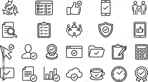 Outline approval, checklist, and business management icon set featuring verification, teamwork, security, mobile confirmation, documents, analytics, and productivity symbols for modern UI design