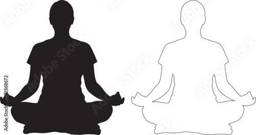 Black and white silhouette of two people meditating in lotus position meditation yoga