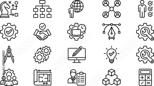 Outline business planning and strategy icon set featuring management, workflow, analytics, collaboration, optimization, design tools, and decision-making symbols for modern corporate UI and 