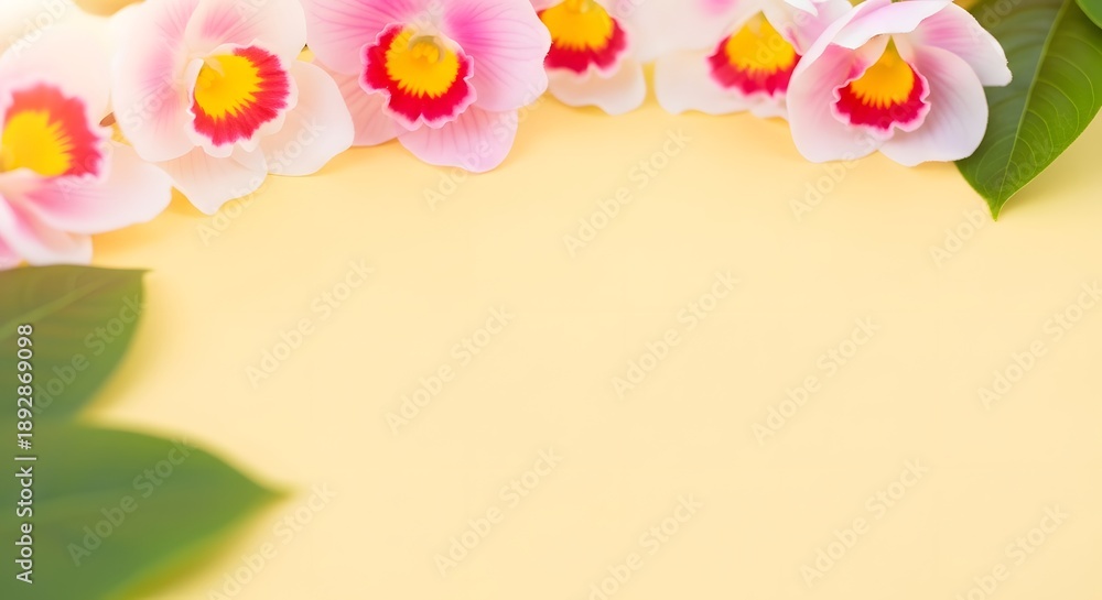 Obraz premium Soft pink flowers on yellow background with green leaves