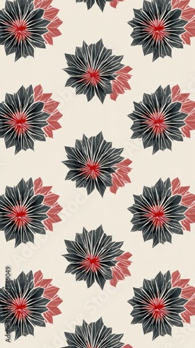 Floral pattern with dark green and pink flowers on beige background.