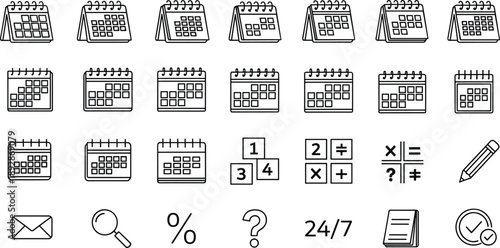 Outline calendar and scheduling icon set featuring planners, dates, reminders, deadlines, communication, and productivity symbols for business planning, office organization, and time management design
