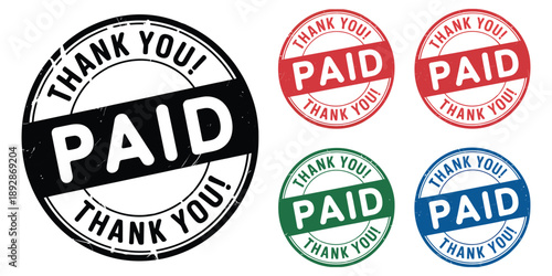 Paid Thank You Rubber Stamp Illustration, vintage distressed rubber stamp style showing circular “Thank You” text in multiple colors for marketing and branding concepts.