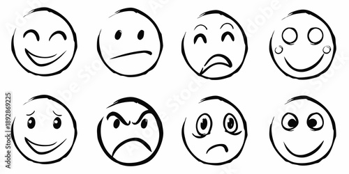 Collection of hand drawn black and white facial expressions depicting various emotions