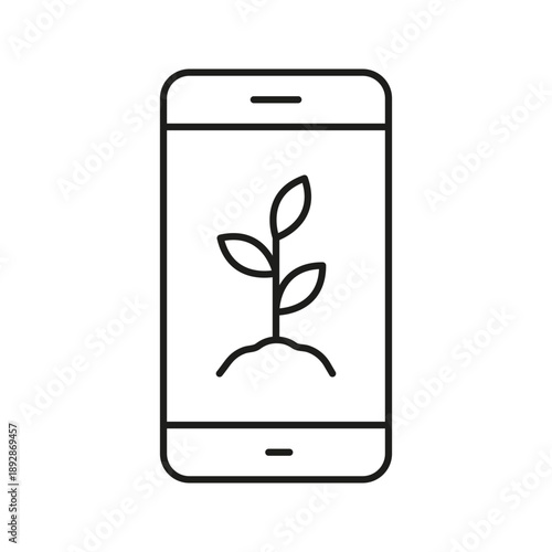 Smartphone With Plant Line Icon. Digital Agriculture, Eco-Friendly Technology, Sustainable Farming Symbol. Mobile App For Plant Growth Monitoring. Editable Stroke. Isolated Vector Illustration