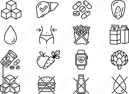 Outline health, nutrition, and wellness icon set featuring diet, supplements, hydration, fitness tracking, healthy food choices, detox, and lifestyle balance symbols for modern medical UI design