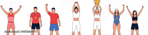 Athletes Celebration Illustration Set Showing Men and Women Winning Medals and Trophy in Sports Competition for Victory, Achievement, and Fitness Design