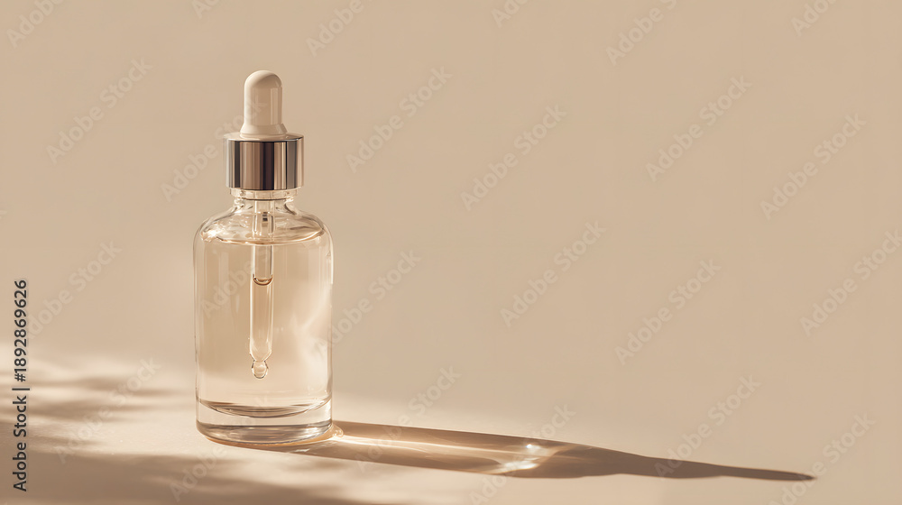 Naklejka premium Glass bottle with dropper on beige surface