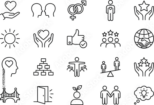 Outline human values, diversity, and community icon set featuring love, inclusion, equality, trust, wellbeing, teamwork, empowerment, and social connection symbols for modern UI and brand design