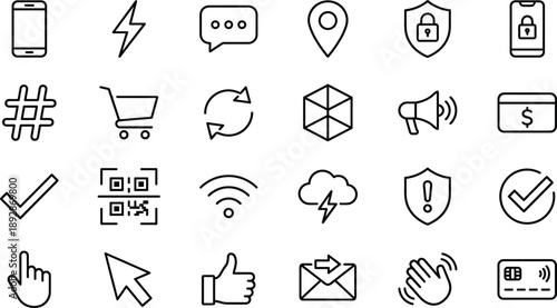 Outline mobile UI and digital interface icon set featuring security, payments, cloud, communication, ecommerce, navigation, and interaction symbols for modern app and web design