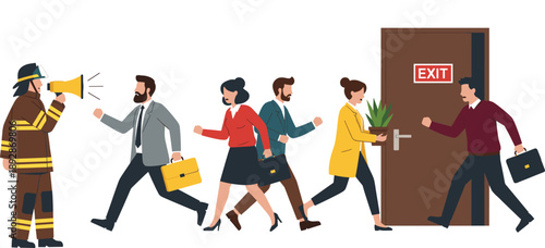Office Emergency Evacuation Illustration Showing Business People Exiting Building During Alarm and Safety Alert Situation for Workplace and Disaster Design