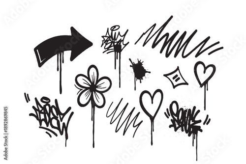 Street Art Elements: Spray Paint Graffiti Tags, Hearts, Flowers, and Arrows
