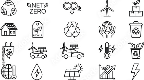 Outline net zero and renewable energy icon set featuring carbon reduction, recycling, solar power, wind energy, electric vehicles, and sustainable growth symbols for UI design