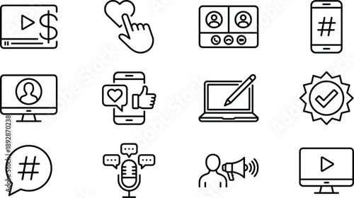 Outline social media and digital marketing icon set featuring video, engagement, communication, mobile, branding symbols for modern UI, app, and content creation design