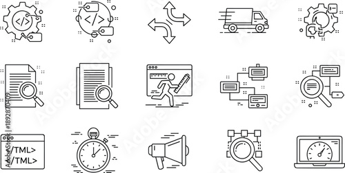 Outline software development and workflow optimization icon set featuring coding, automation, logistics, analytics, documentation, process flow, and performance monitoring symbols for modern tech