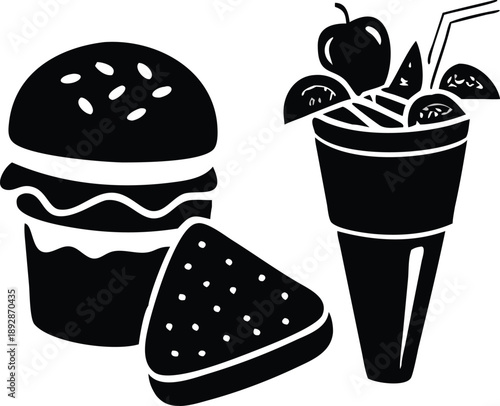 Bold Burger Bonanza Delightfully Juxtaposed with Refreshing Fruit Smoothie and Wedge of Tempting Watermelon in a Black and White Vector Silhouette