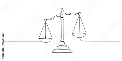 Continuous one line of a balanced scales of justice, law and justice art, drawn vector illustration.