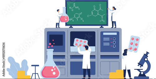 Pharmaceutical Research Laboratory Illustration Showing Scientists Developing Medicine, Analyzing Chemical Formulas, and Conducting Drug Testing for Healthcare Design