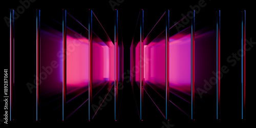 Cyber elements made of transparent glass and liquid acrylic purple blue glow on black backdrop cinematic tech background design cover art visuals 3d rendering
