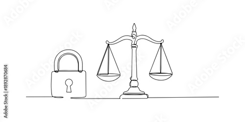 Continuous one line of a secure lock with justice scales, law and justice art, drawn vector illustration.