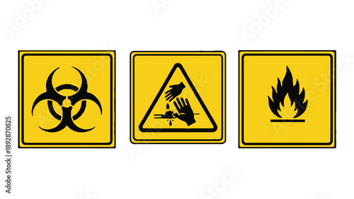Warning signs for biohazard, hazardous materials, and flammable substances