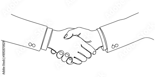 Continuous one line of a two hands shaking in legal agreement, law and justice art, drawn vector illustration.