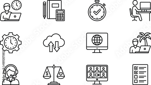 Productivity and remote work line icons set featuring time management, online meetings, cloud computing, business workflow, customer support, and digital office concepts
