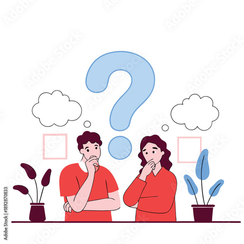 Doubtful Couple with Question Marks, Thinking and Problem Solving Concept Illustration for Confusion, Decision Making, and Uncertainty