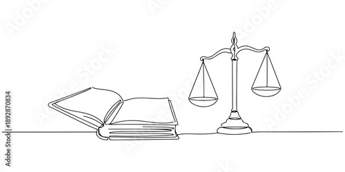 Continuous one line of a law book open with balanced scales, law and justice art, drawn vector illustration.