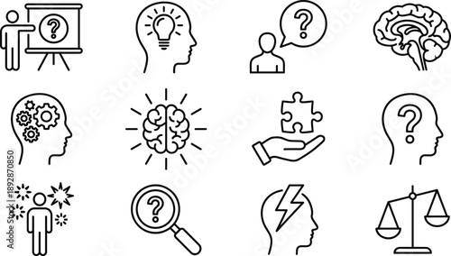Psychology and mental process line icons set featuring thinking, ideas, problem solving, decision making, analysis, intelligence, brain functions, and human cognition symbols