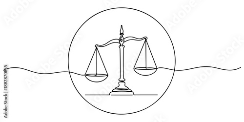 Continuous one line of a legal balance scale inside a circle, law and justice art, drawn vector illustration.