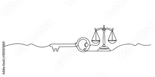 Continuous one line of a key unlocking justice, law and justice art, drawn vector illustration.