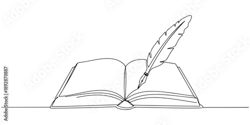 Continuous one line of a quill writing in a law book, law and justice art, drawn vector illustration.