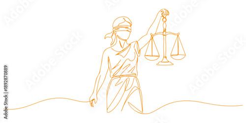 Continuous one line of a blindfolded figure holding scales, law and justice art, drawn vector illustration.
