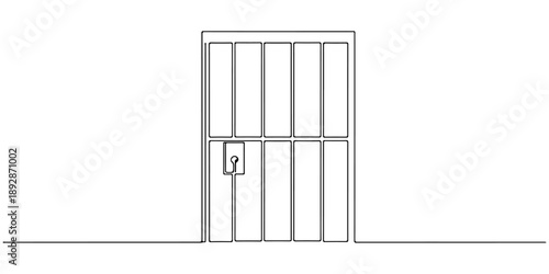 Continuous one line of a prison cell door with bars, law and justice art, drawn vector illustration.
