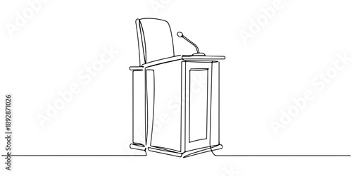 Continuous one line of a courtroom bench with microphone, law and justice art, drawn vector illustration.