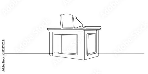 Continuous one line of a courtroom bench with microphone, law and justice art, drawn vector illustration.